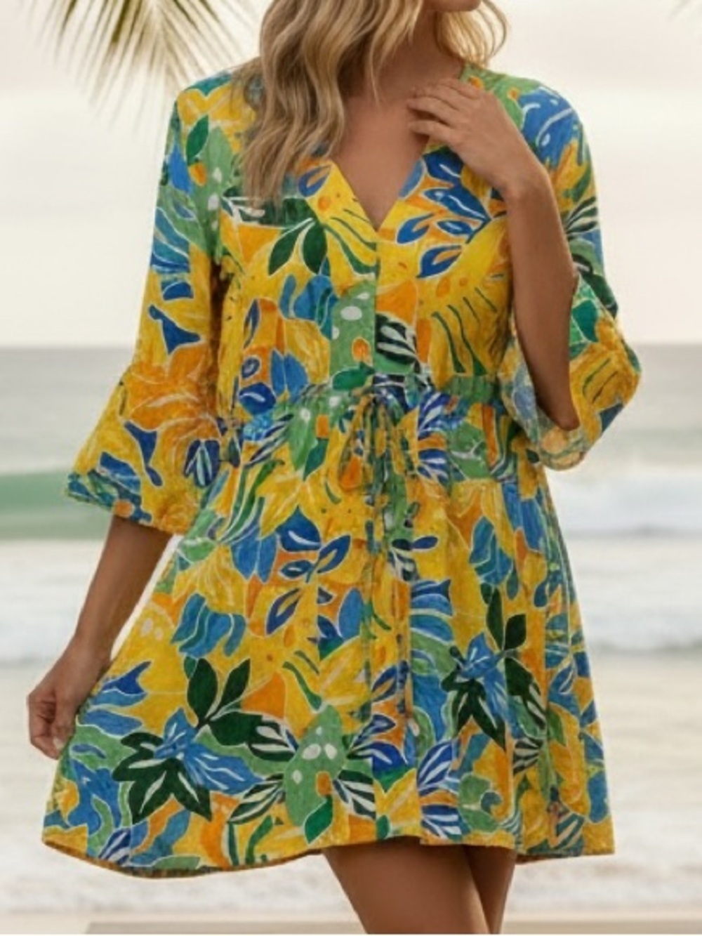 MAAJI Yellow Blue Tropic Enjoyable Kaftan Kimono Swim Cover Dress